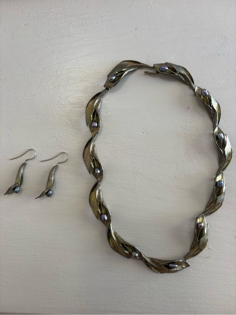 Michael Michaud "Hosta" Botanical Leaf Collar Necklace and earrings set